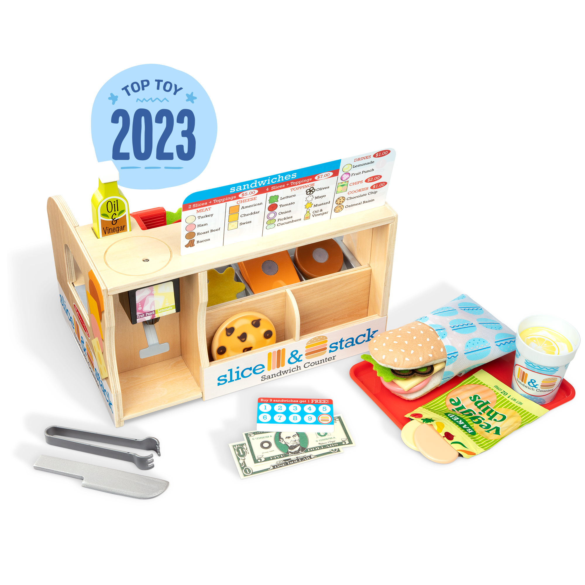 Melissa & Doug Wooden Slice & Stack Sandwich Counter with Deli Slicer –  56-Piece Pretend Play Food Pieces - FSC Certified Materials 